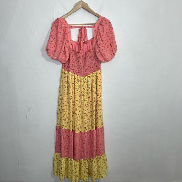 COLOR ME COURTNEY Yellow Pink Ditsy Flower Printed Cece Maxi Dress Size 10 - Picture 5 of 16